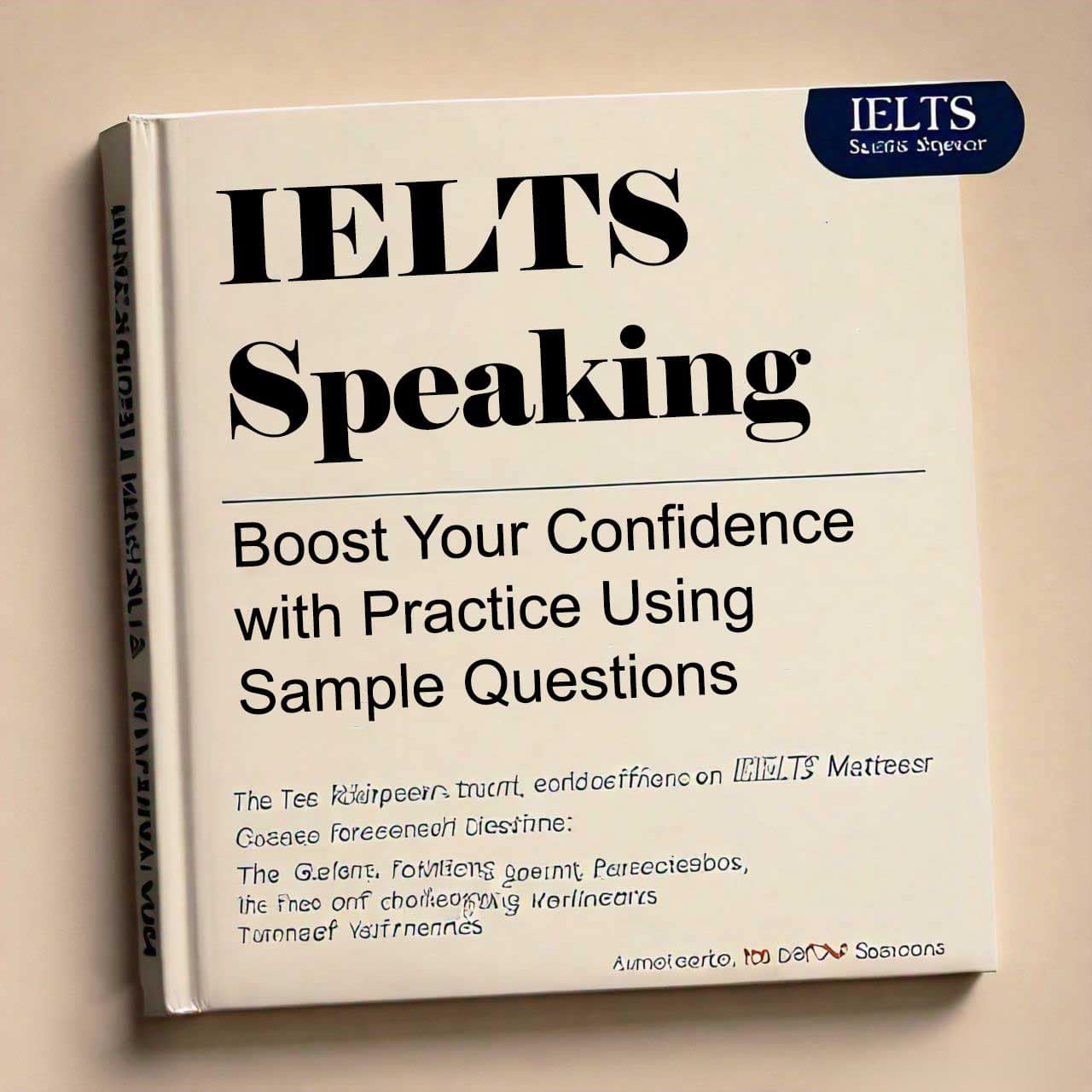 IELTS Speaking test preparation book cover with title and subtitle emphasizing confidence boost through practice questions, displayed on a beige background.