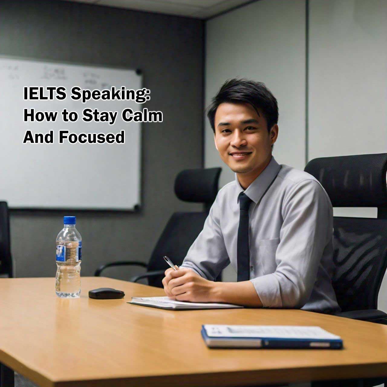 Person sitting at a desk during IELTS speaking test with tips on staying calm and focused.