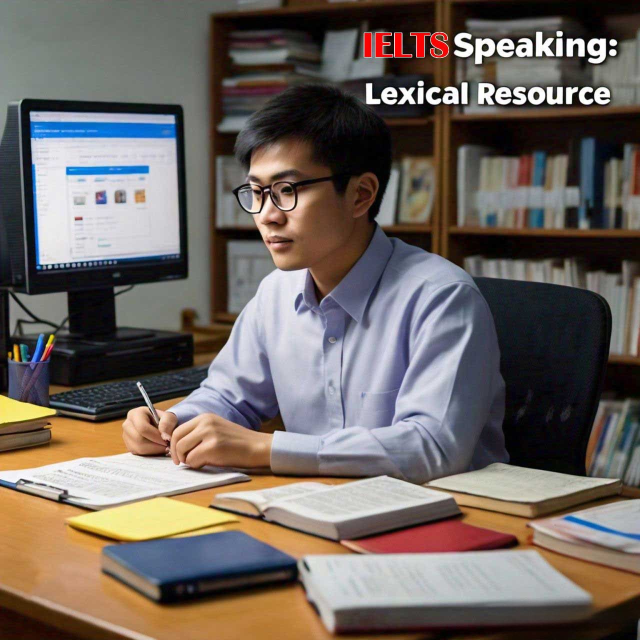 A focused individual studying for the IELTS Speaking test, sitting at a desk with study materials and a computer displaying language resources.