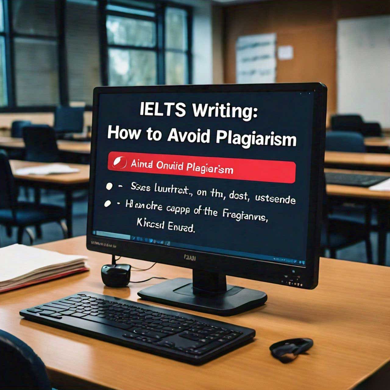 A computer screen with an educational slide titled “IELTS Writing: How to Avoid Plagiarism.” In a classroom setting, the slide emphasizes tips for preventing plagiarism in IELTS writing.