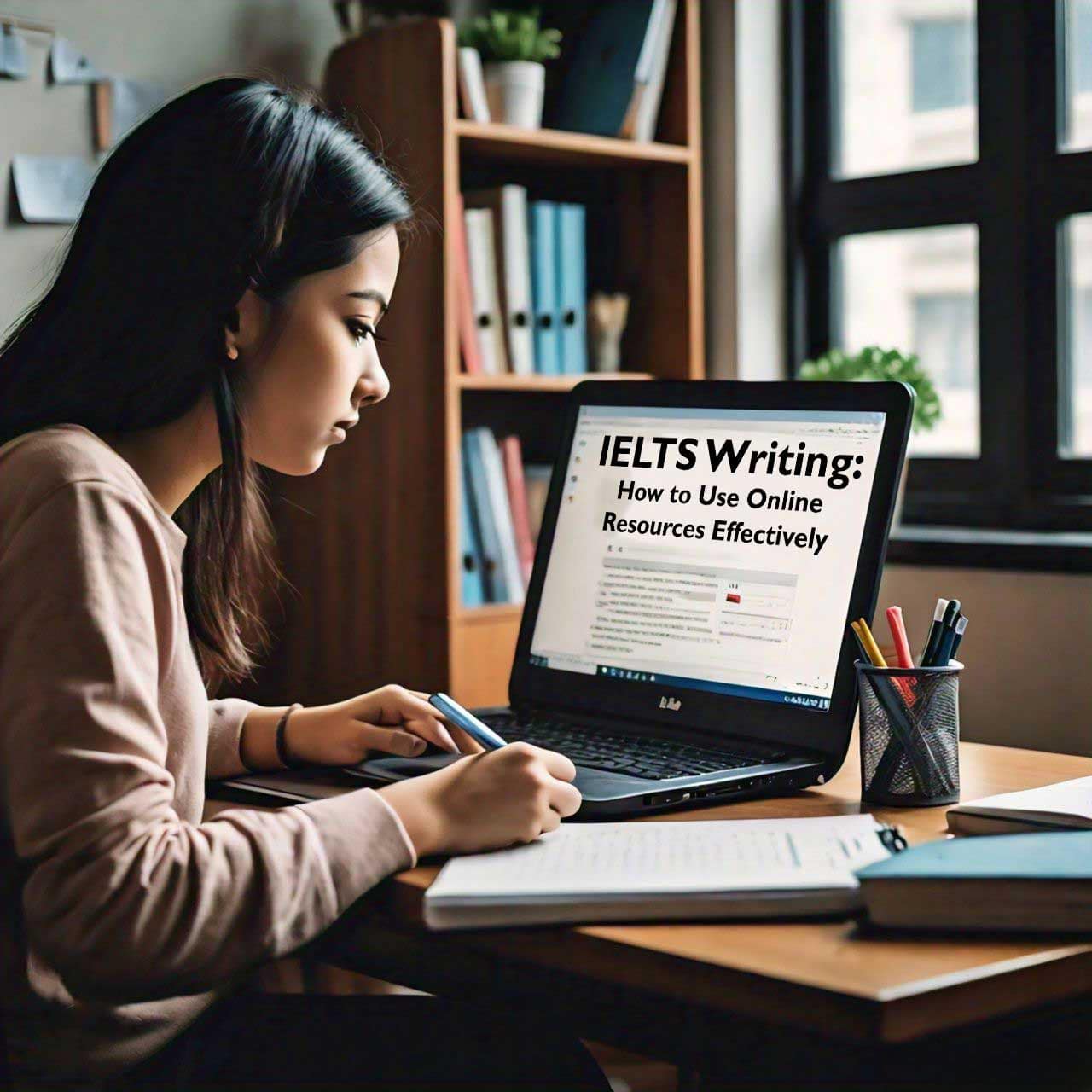 Girl studying IELTS Writing tutorial on ‘How to Use Online Resources Effectively’ from ieltsoma.com. Laptop, notebook, and study materials on desk.