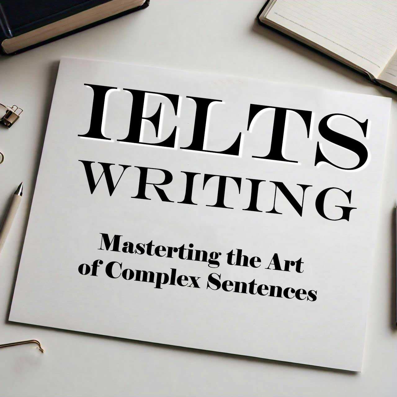 A book titled ‘IELTS Writing - Mastering the Art of Complex Sentences’ placed on a white surface next to a closed black notebook, emphasizing language proficiency and test preparation.