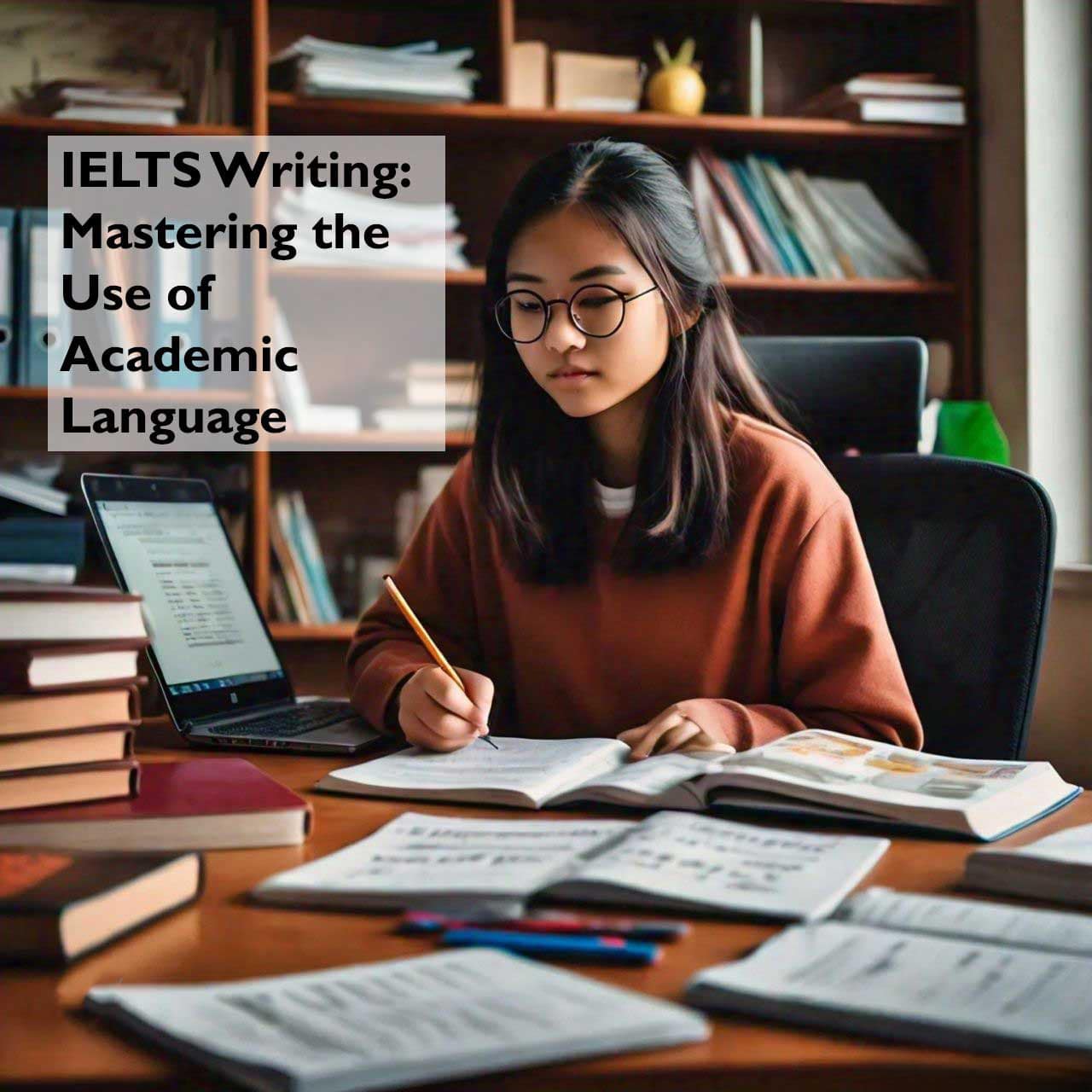 A focused individual studying for IELTS Writing, mastering the use of academic language with a laptop and textbooks on a wooden desk.