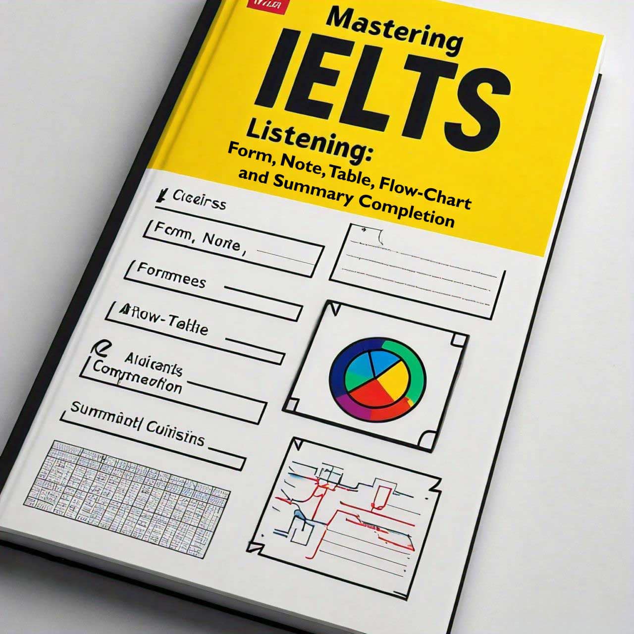 A comprehensive IELTS study guidebook cover featuring exercises for form filling, note-taking, table completion, flow-chart analysis, and summary questions. The yellow and black color scheme adds visual appeal, and the inclusion of a pie chart and map suggests practical visual aids for enhancing listening skills.