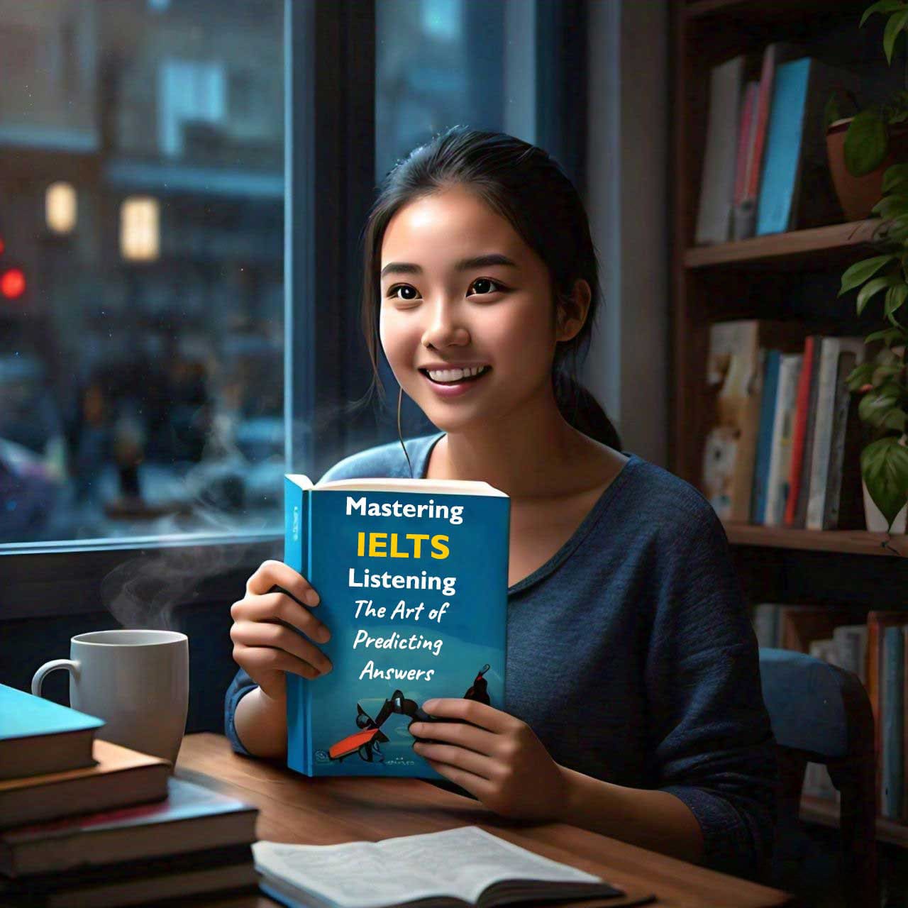 A female student studying ‘Mastering IELTS Listening: The Art of Predicting Answers’ book by a window.