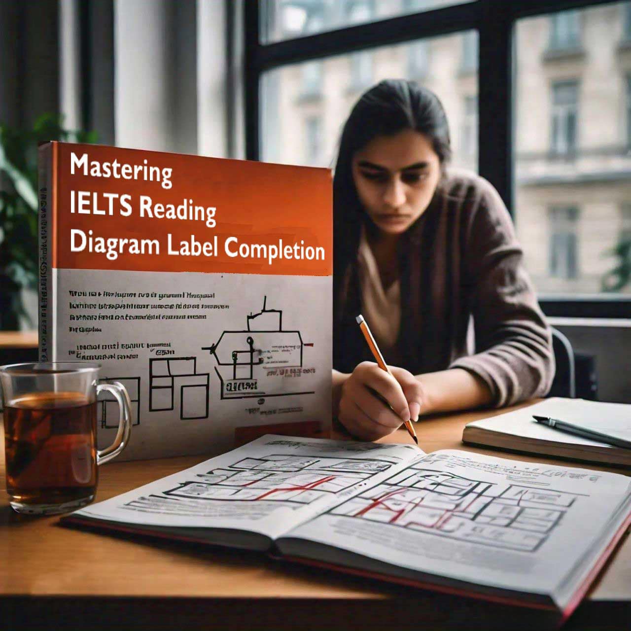 Person studying for IELTS with ‘Mastering IELTS Reading Diagram Label Completion’ book, pen in hand, near a window.