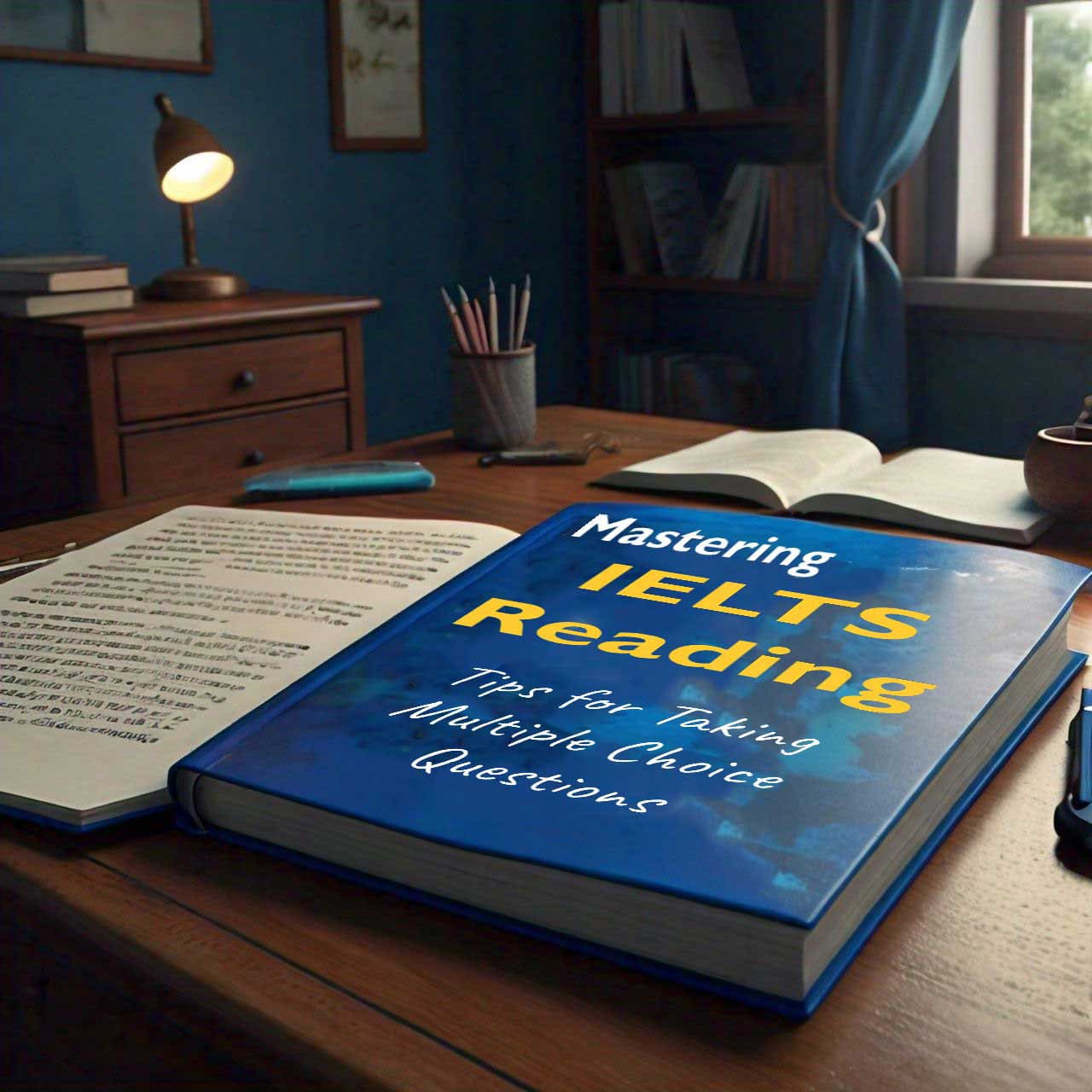 A study room with a desk lamp on, featuring an open book titled ‘Mastering IELTS Reading’ with a subtitle ‘By John Taylor Multiple Choice Questions’ and another open book with text, all suggesting preparation for the IELTS exam.