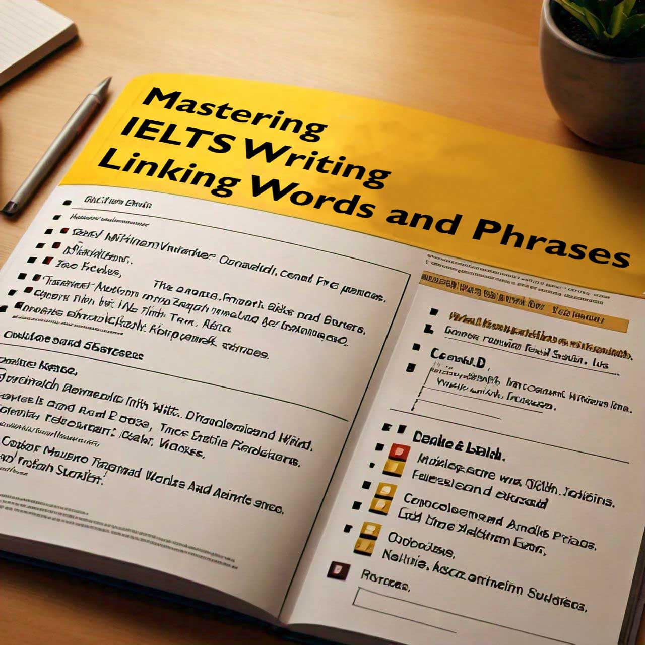 IELTS Writing Masterclass textbook with highlighted linking words and phrases.