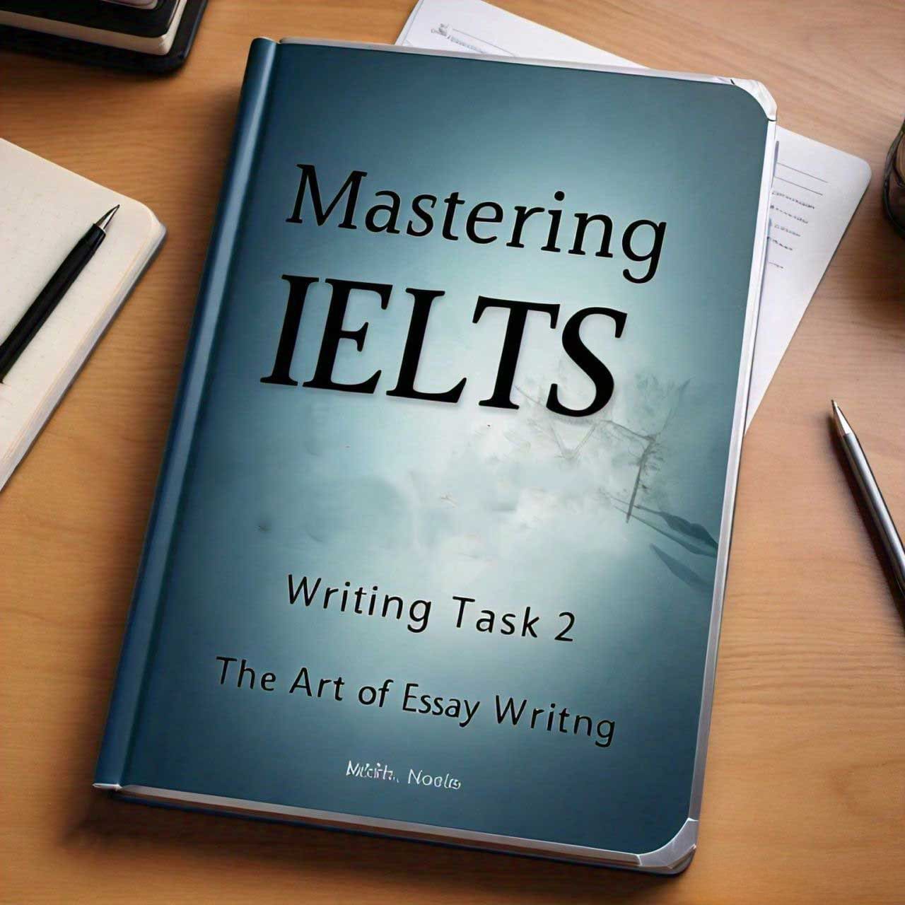 IELTS preparation book ‘Mastering IELTS Writing Task 2’ on a wooden desk with pencil and papers, study materials for essay writing section.