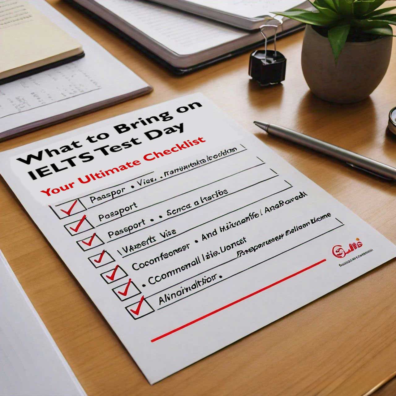 A checklist titled ‘What to Bring on IELTS Test Day - Your Ultimate Checklist’ on a wooden desk with items ticked off, including passport, water, and snacks. Next to the checklist are a pencil, a stamp pad, a green potted plant, and the corner of a laptop. The image conveys preparation for the IELTS exam with essential items highlighted.