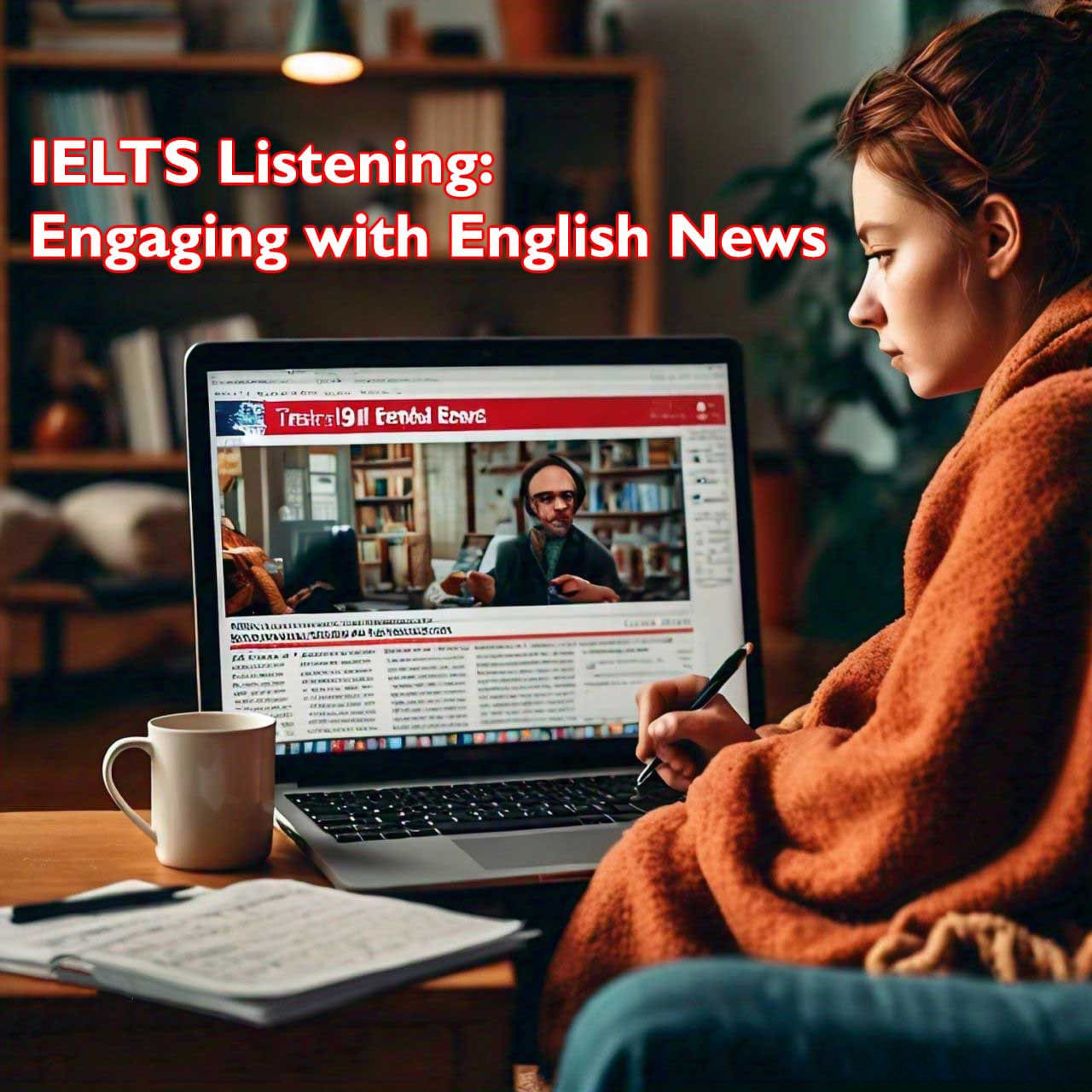 Woman studying for IELTS listening test by engaging with English news on a laptop in a cozy home setting, with a notebook and pen on the table, symbolizing at-home language learning.