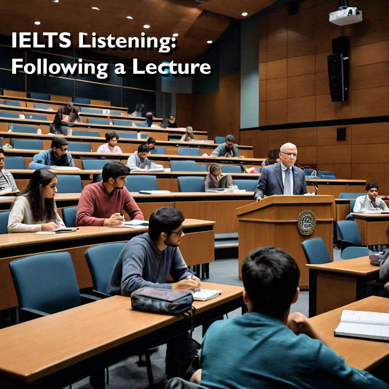 Students in a lecture hall focusing on an IELTS Listening exercise, with a lecturer at the front beside the university emblem, promoting educational preparation.