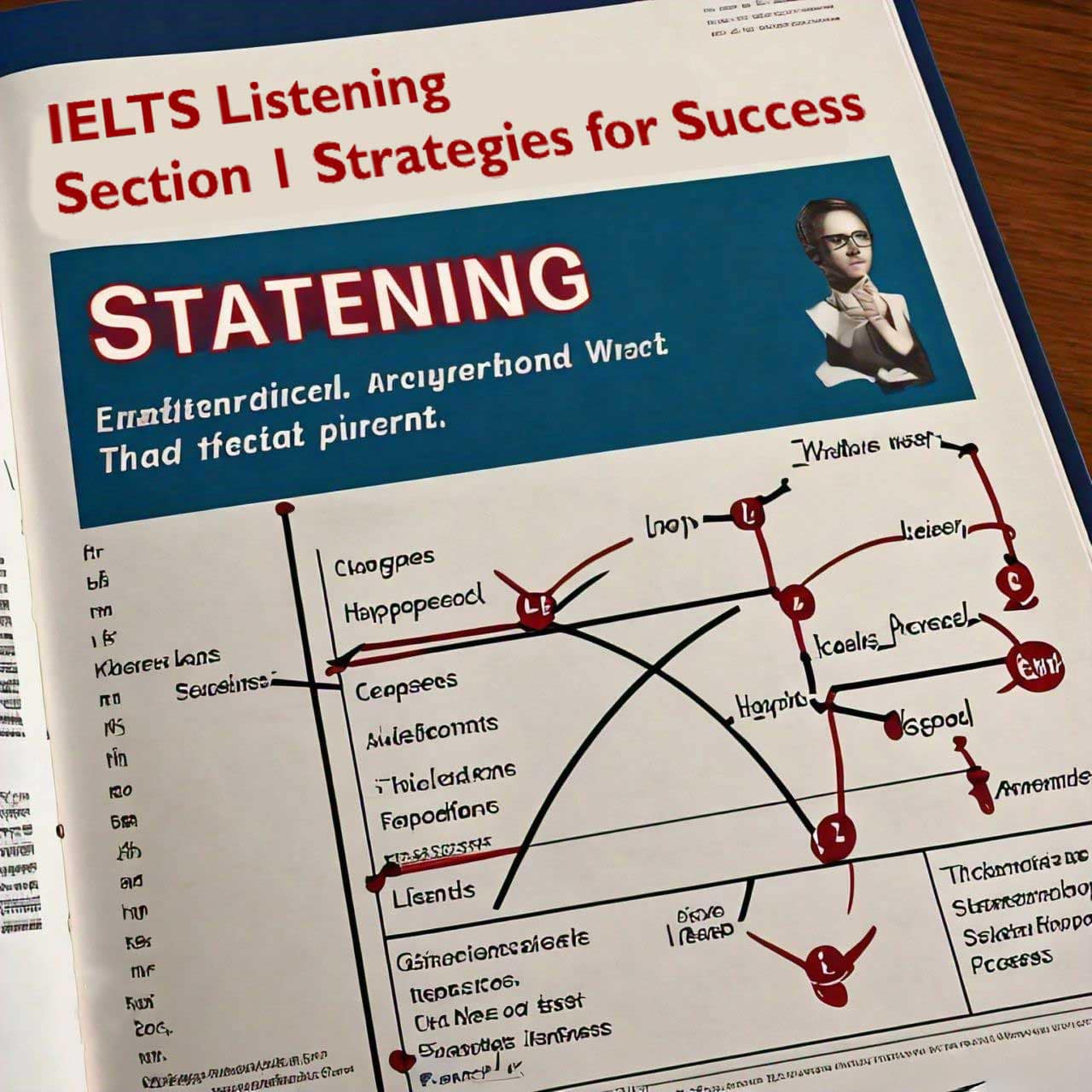 a chart titled “IELTS Listening Strategies for Success.” It provides study tips and a structured approach to preparing for the IELTS listening section.