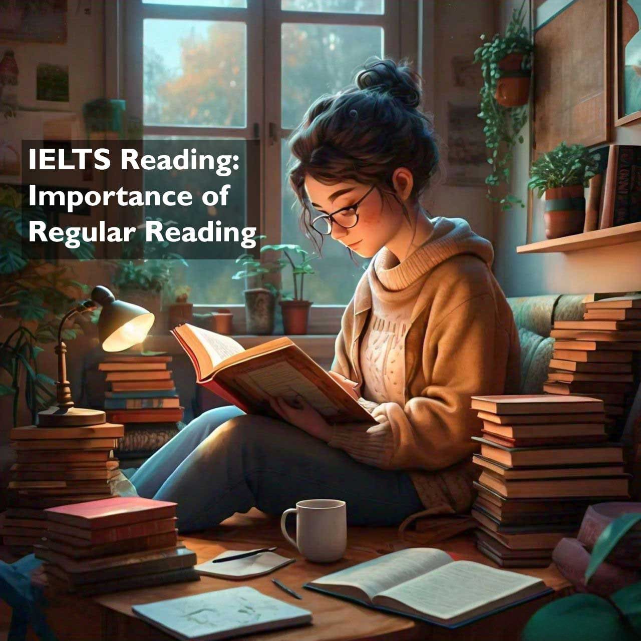 A person sitting by a window surrounded by stacks of books, reading a book with a cup of coffee on the side, highlighting the importance of regular reading for IELTS preparation.