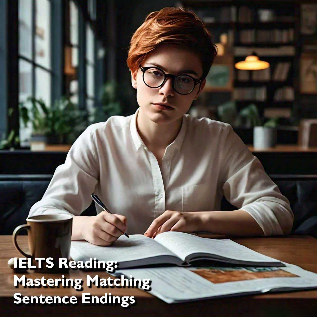 Person studying an IELTS reading preparation book titled ‘Mastering Matching Sentence Endings’ at a wooden table in a cozy room with natural light.