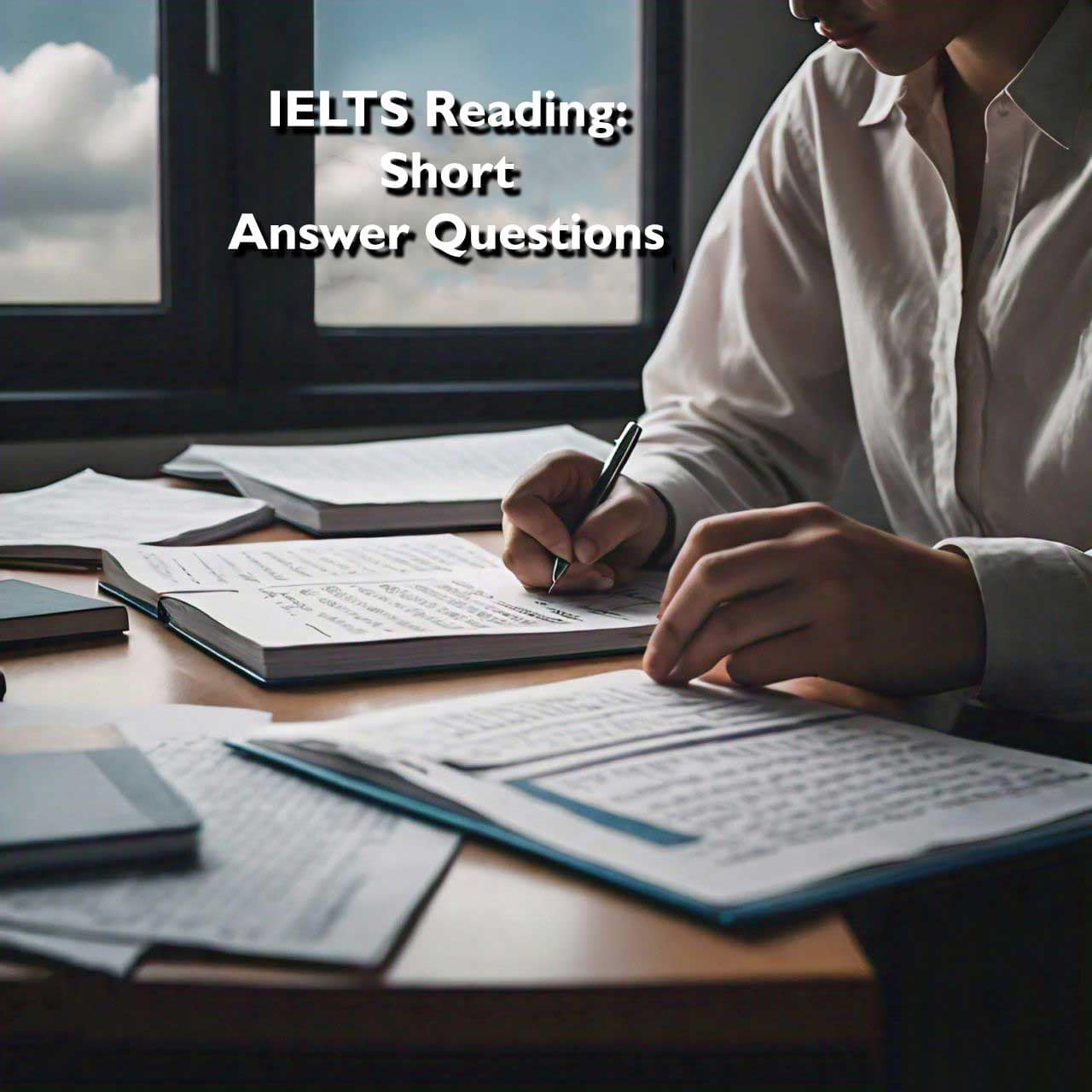 A person studying for the IELTS reading section, surrounded by books and notes on a desk by a window.