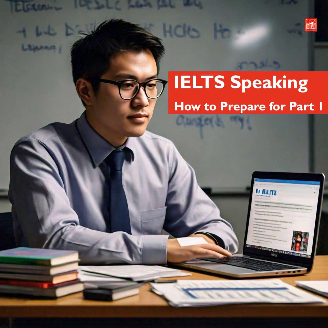 a person studying for the IELTS Speaking test using a laptop displaying IELTS preparation materials