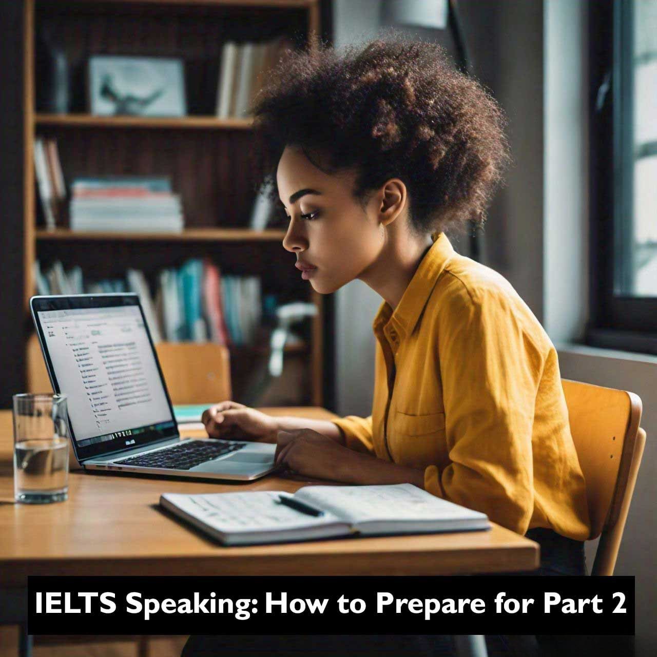 a female student studying for the IELTS Speaking test she is seated at a desk with a laptop and a glass of water, exemplifying focused exam preparation.