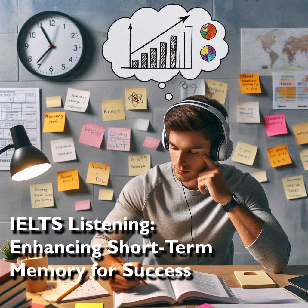 A person sitting at a desk covered with various study materials, including notes and graphs. The person is wearing headphones and appears to be focused on studying. A wall clock, colorful sticky notes, and a lamp are also visible. Text overlay states ‘IELTS Listening: Enhancing Short-Term Memory for Success’.