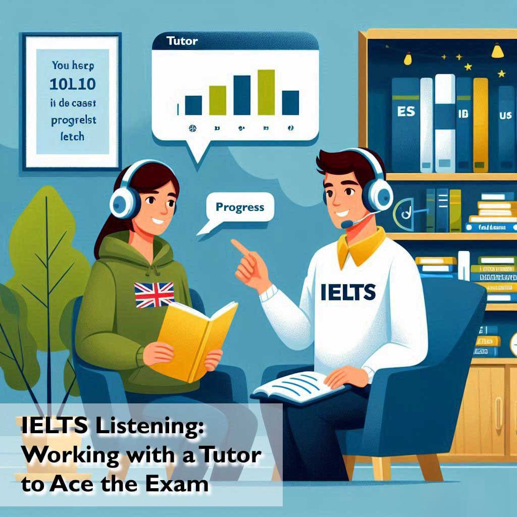 Online IELTS tutoring session with progress chart, featuring a student and tutor wearing headsets, symbolizing effective IELTS Listening preparation.