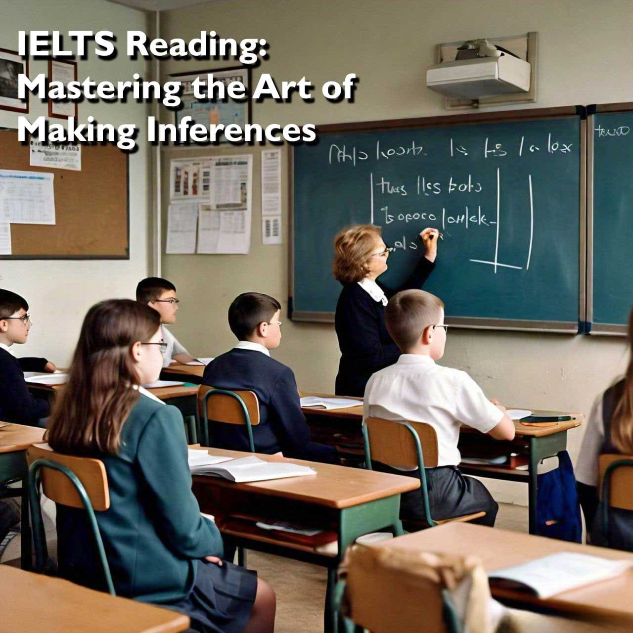 A classroom scene with students facing a blackboard where ‘IELTS Reading: Mastering the Art of Making Inferences’ is written, highlighting an educational setting focused on IELTS reading skills.