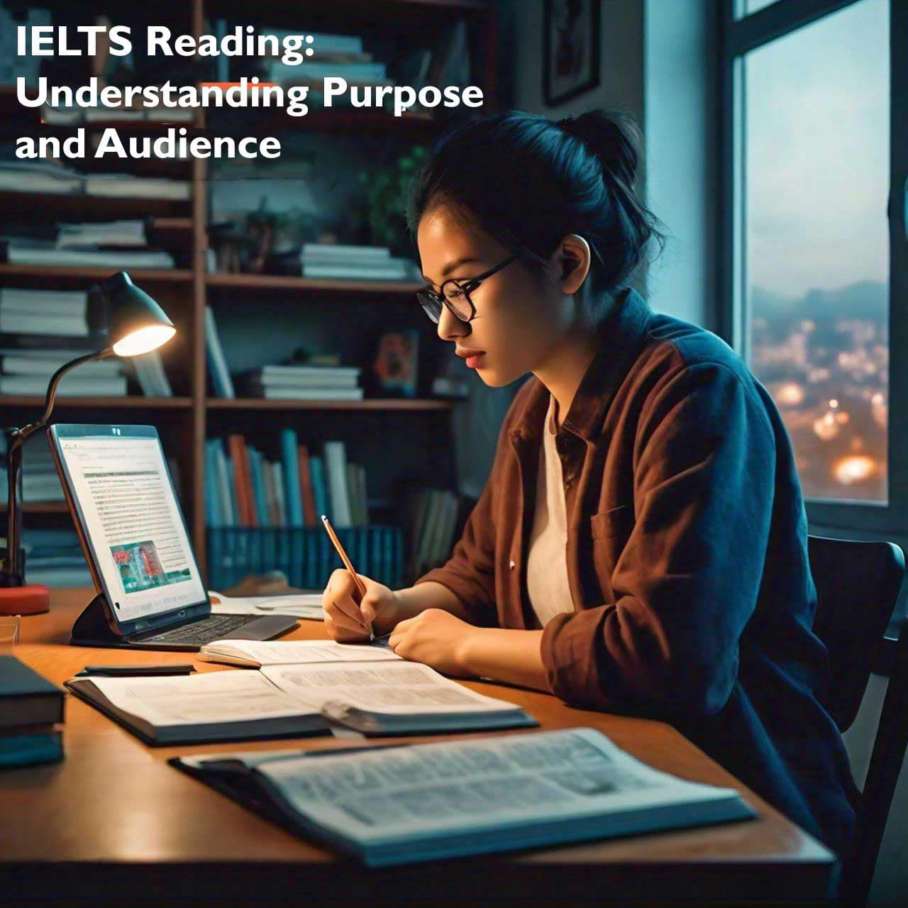 Woman studying for IELTS reading section with a laptop and notes by the window during twilight.