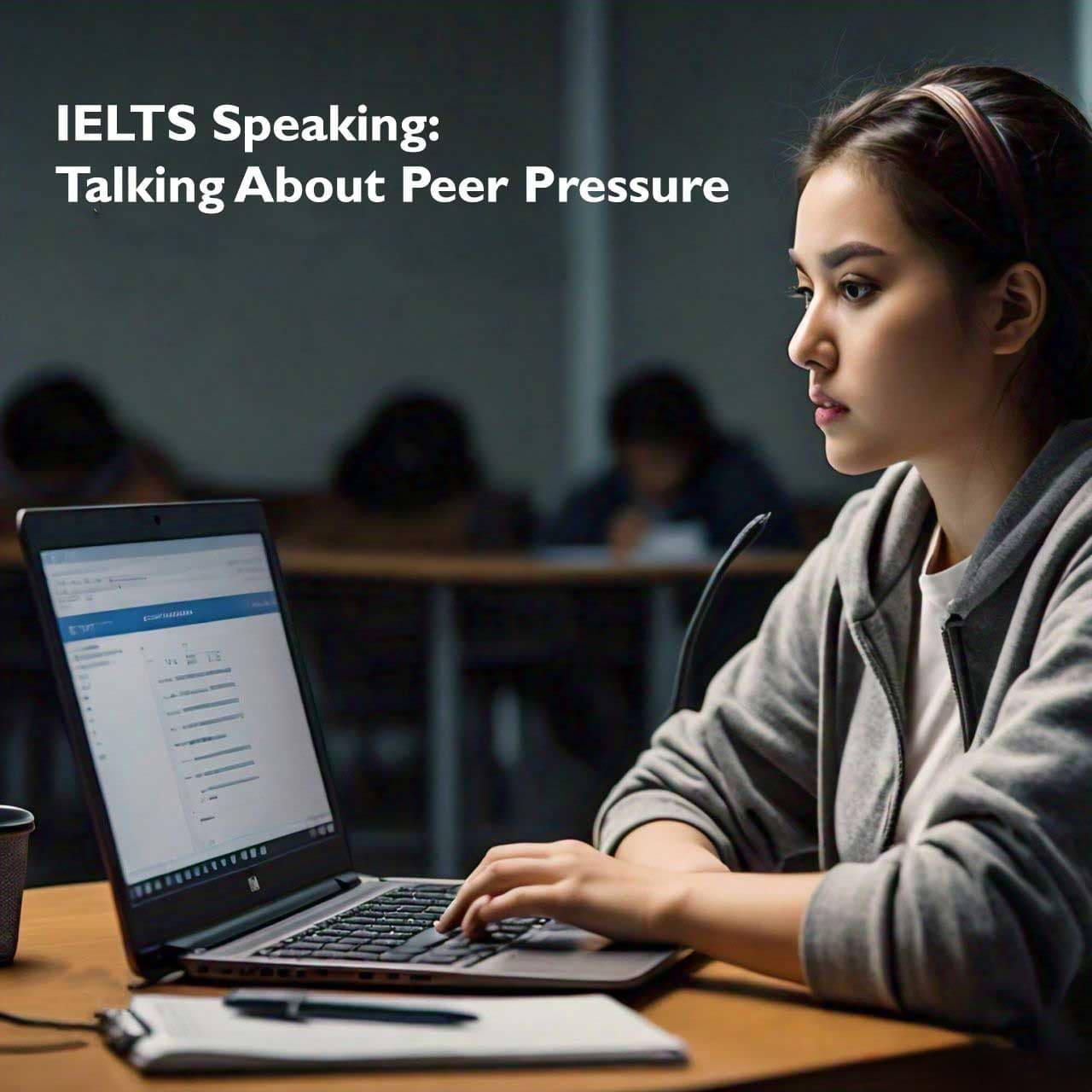 Student preparing for IELTS speaking test with a laptop in a classroom setting.