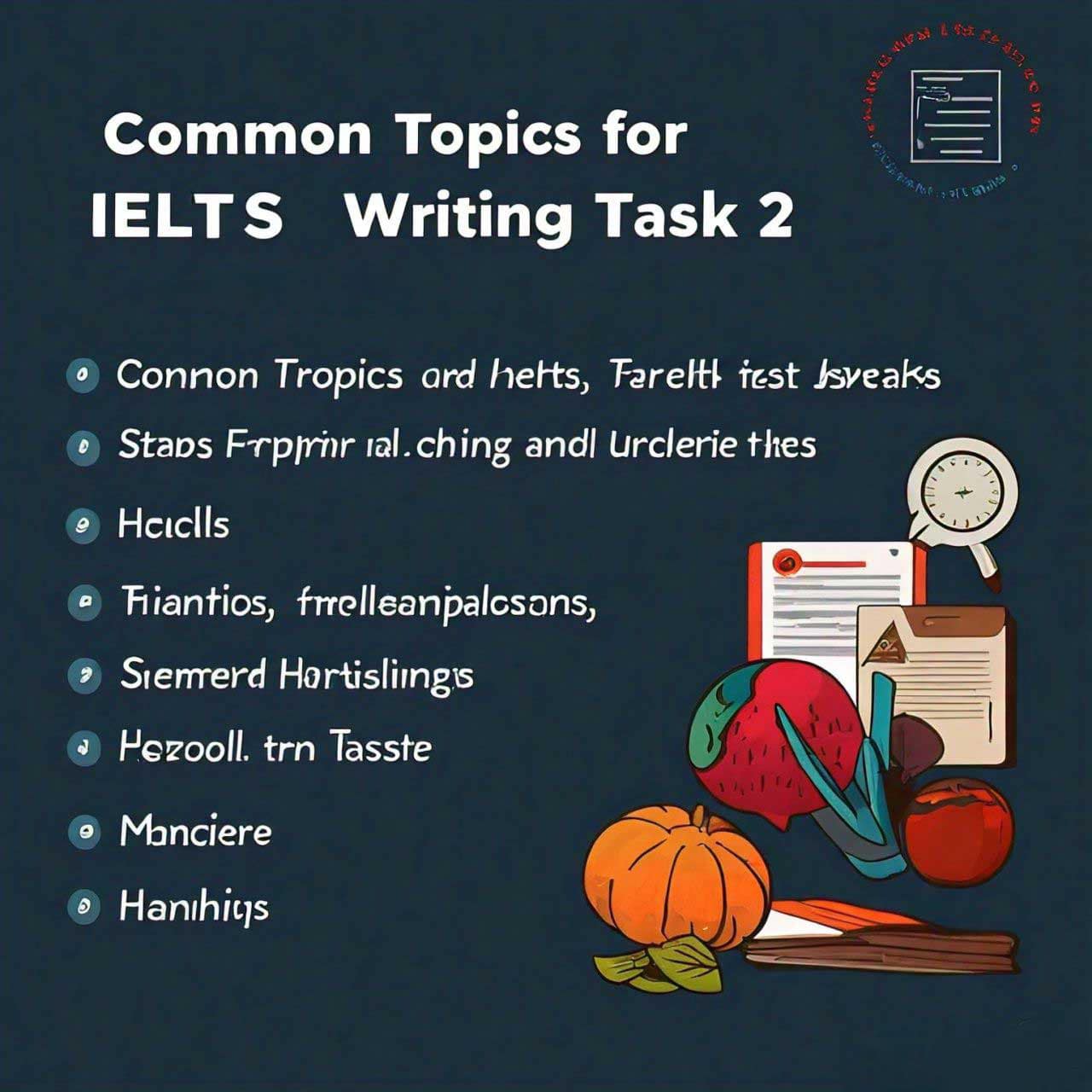 a list of typical essay topics relevant to IELTS Writing Task 2. Against a dark blue background, educational icons like books and a globe emphasize the subject matter.