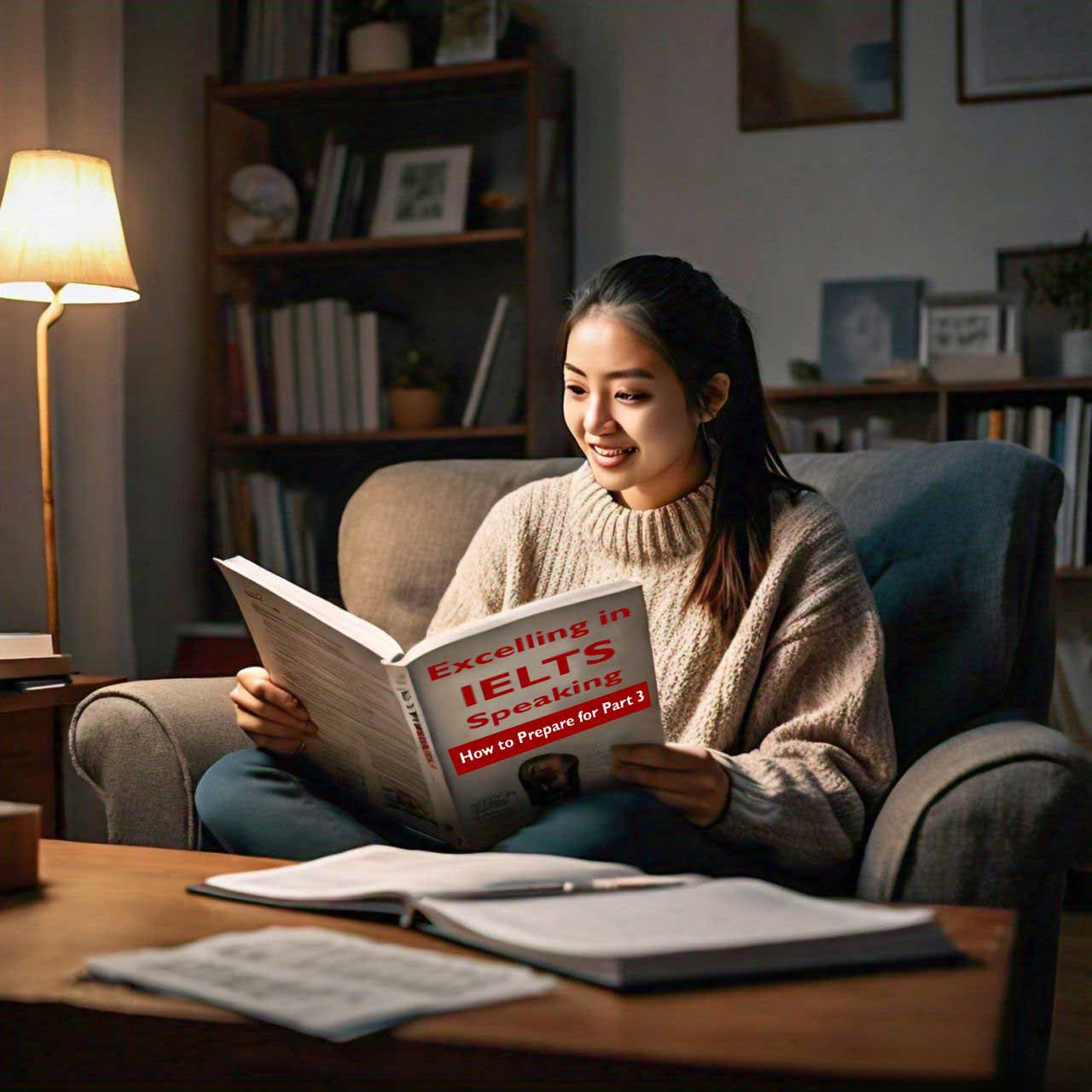 Student studying IELTS preparation book at home desk with notes and lamp.