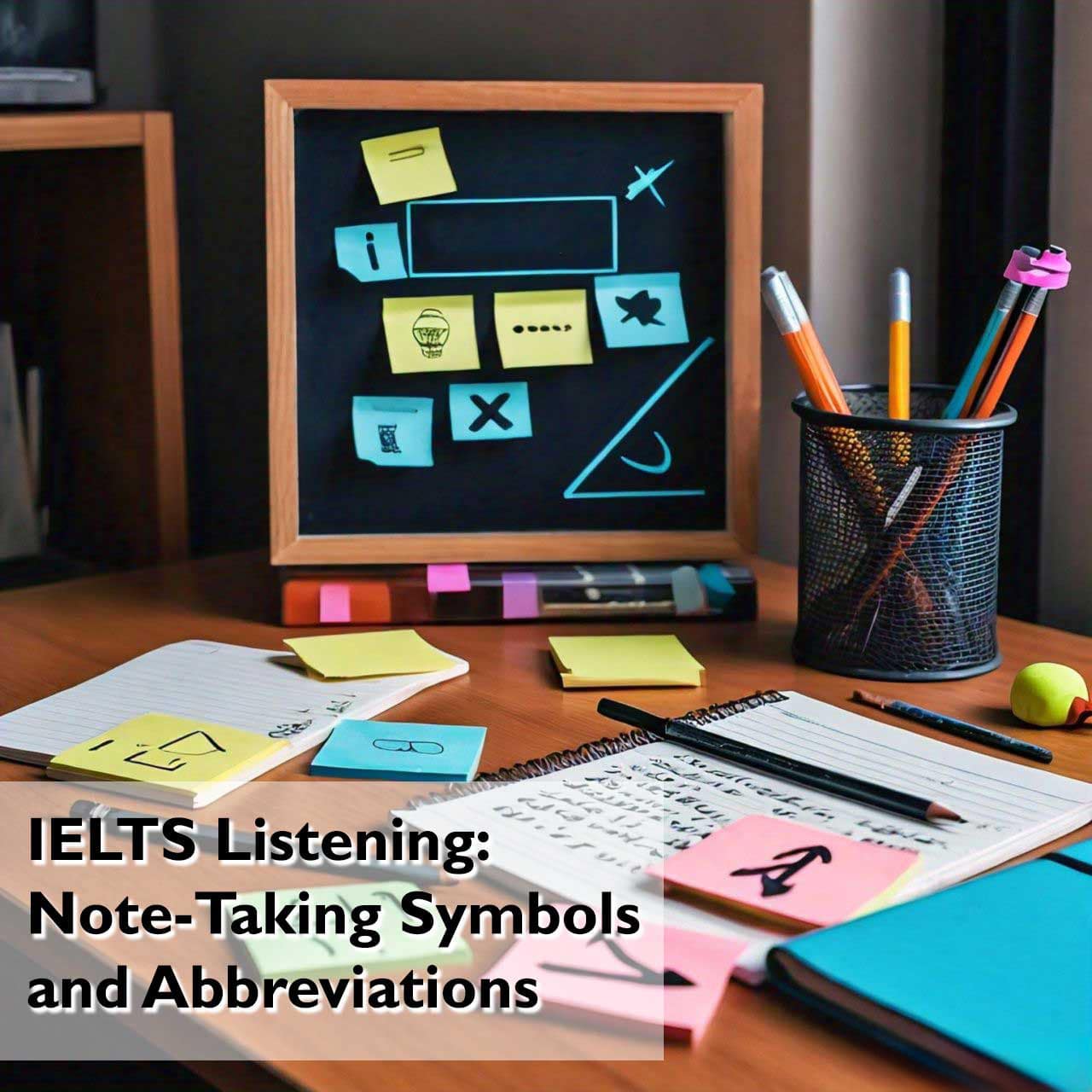 Study desk with IELTS Listening note-taking guide, featuring symbols and abbreviations on a chalkboard, surrounded by colorful sticky notes, pens in a holder, and study materials.