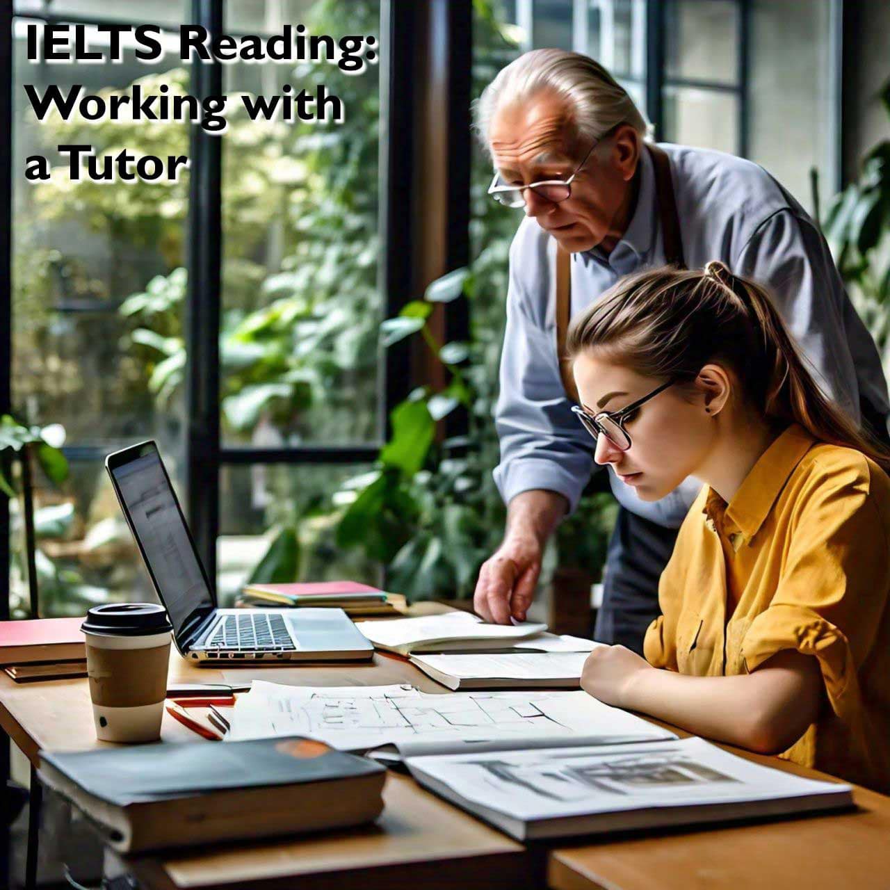 A focused tutoring session in progress, featuring an attentive student with study materials on the desk and a tutor standing besides, in a room with natural light.