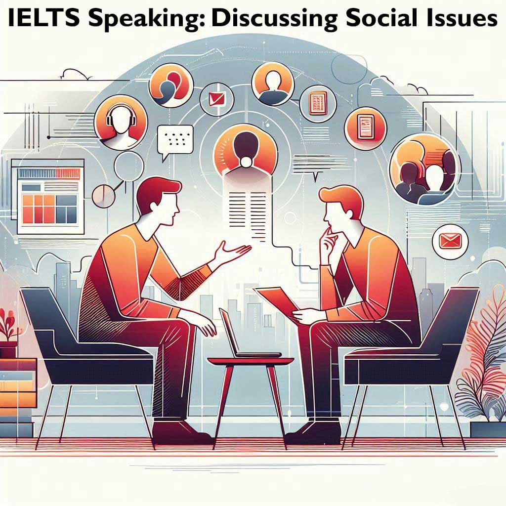 Two individuals engaged in a discussion at a table with digital social media icons and speech bubbles floating above, symbolizing the topic of IELTS Speaking: Discussing Social Issues.