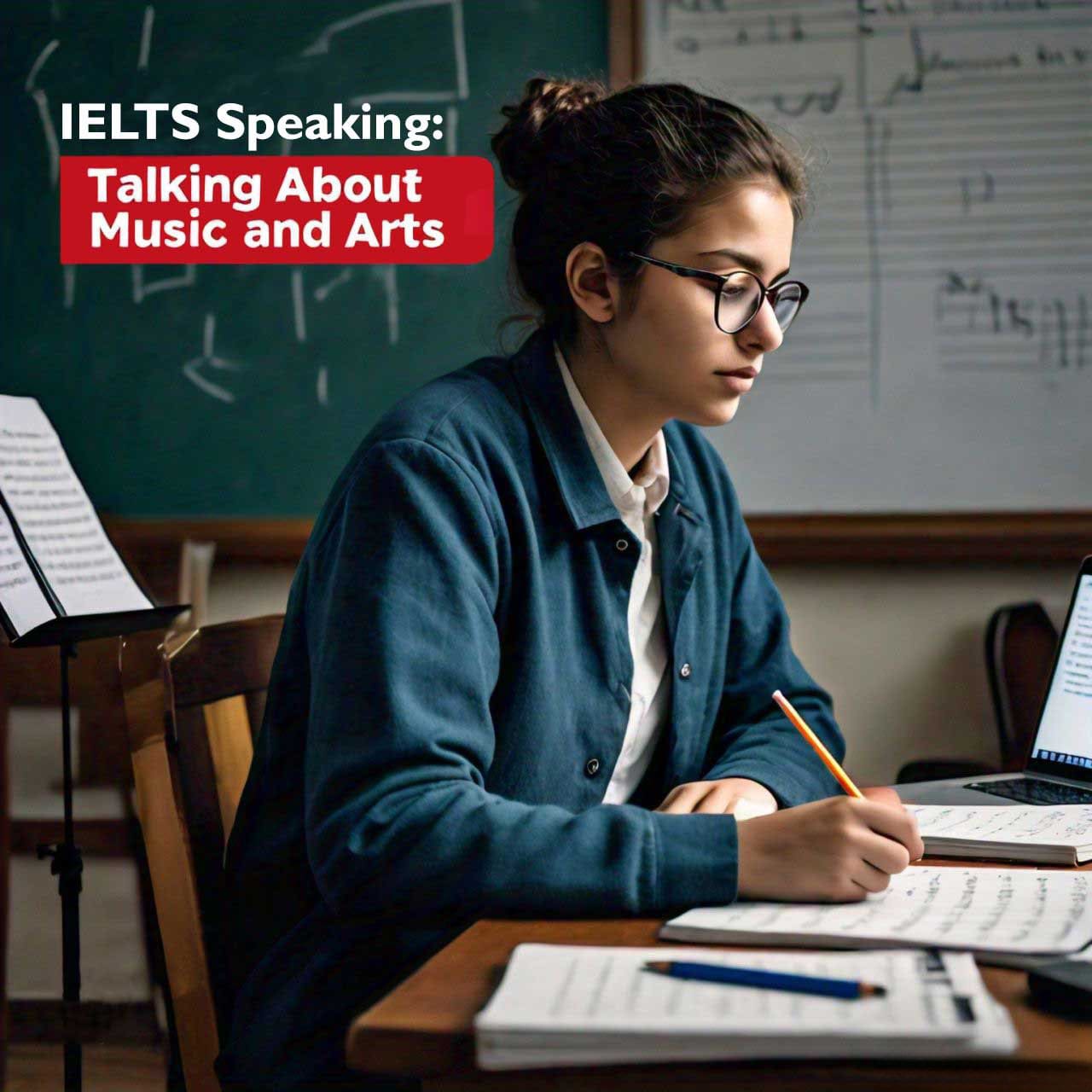 A banner above a student writing in a notebook, with sheet music on a whiteboard in the background. The image indicates an educational setting focused on language proficiency and arts.