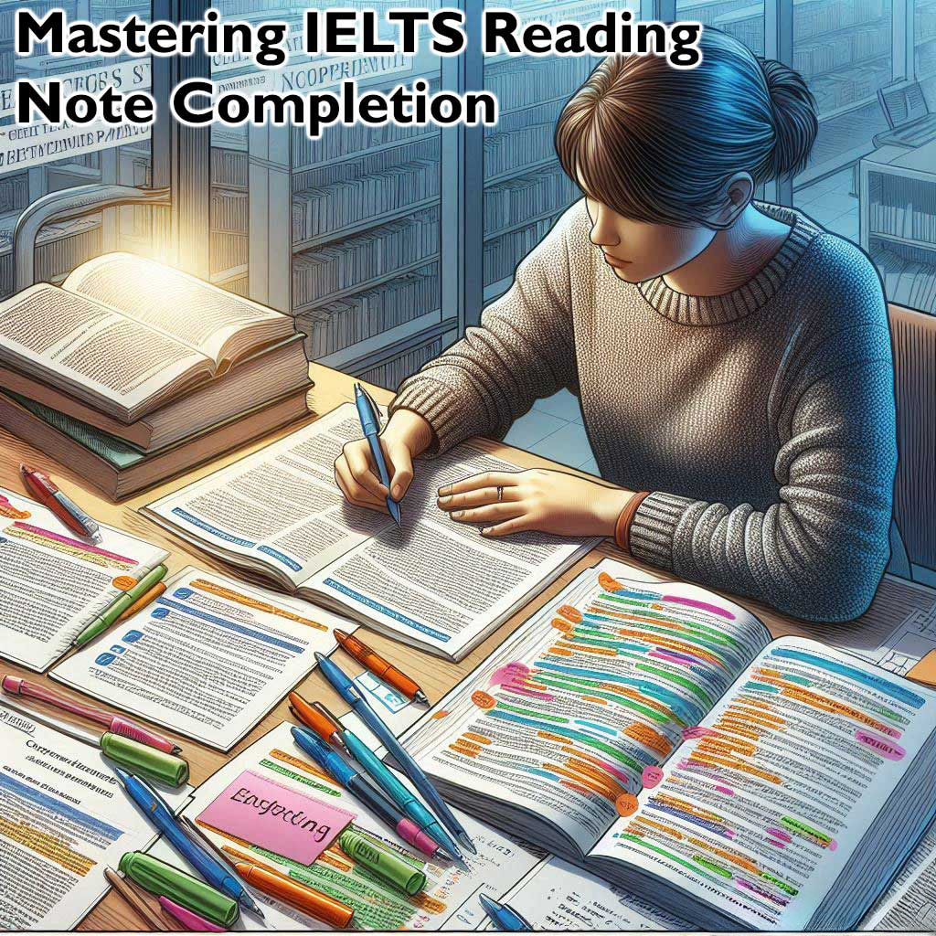 Student preparing for IELTS exam with focused study session, surrounded by colorful highlighted notes and textbooks on a wooden desk.