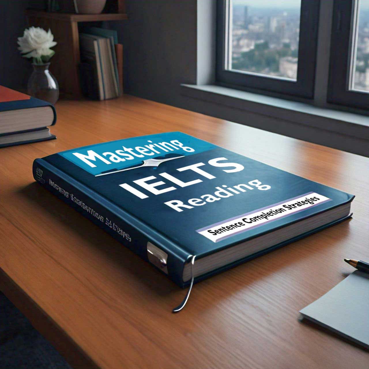 A blue book on table with mastering IELTS reading title