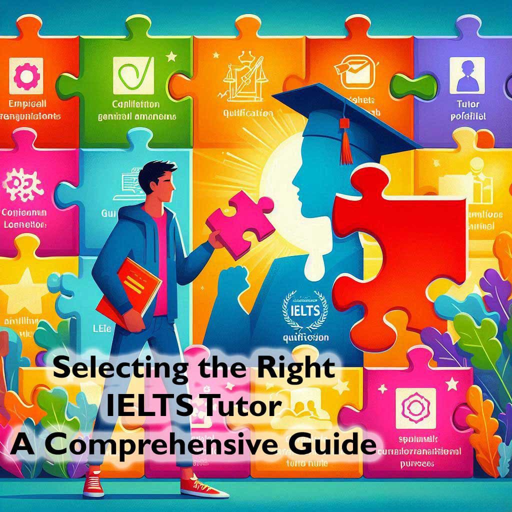 Colorful puzzle pieces with educational icons and a silhouette of a person holding books walking towards the central piece labeled ‘Selecting the Right IELTS Tutor - A Comprehensive Guide’ against a vibrant background, symbolizing the process of finding the perfect tutor for IELTS preparation.