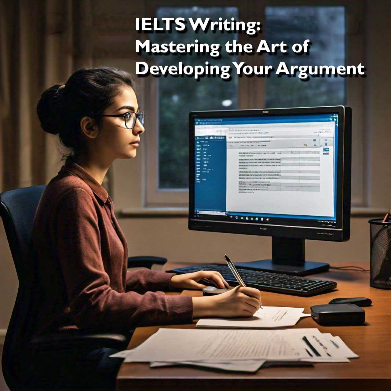 A female studying for IELTS Writing at a home office setup with a desktop computer displaying an article titled ‘Mastering the Art of Developing Your Argument’ and taking notes on a notepad, indicating focused exam preparation.