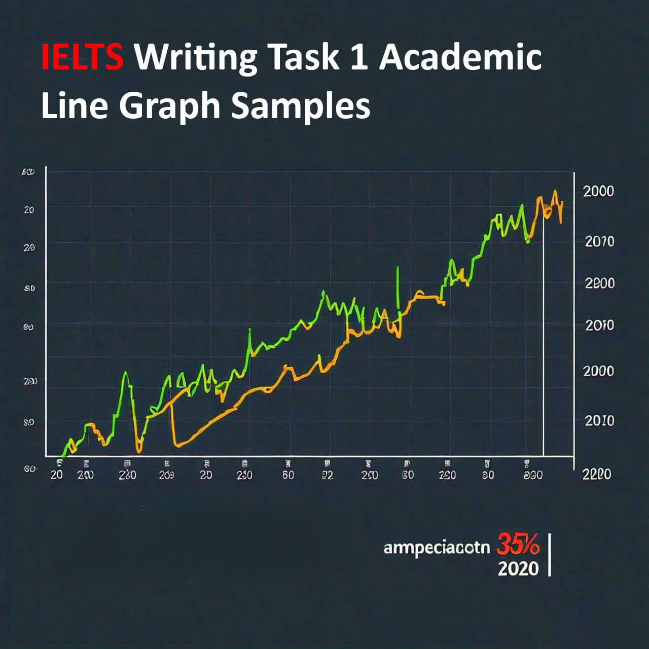 IELTS Writing Task 1 Academic line graph samples showing a dual-axis graph with an upward trend, labeled with sample text