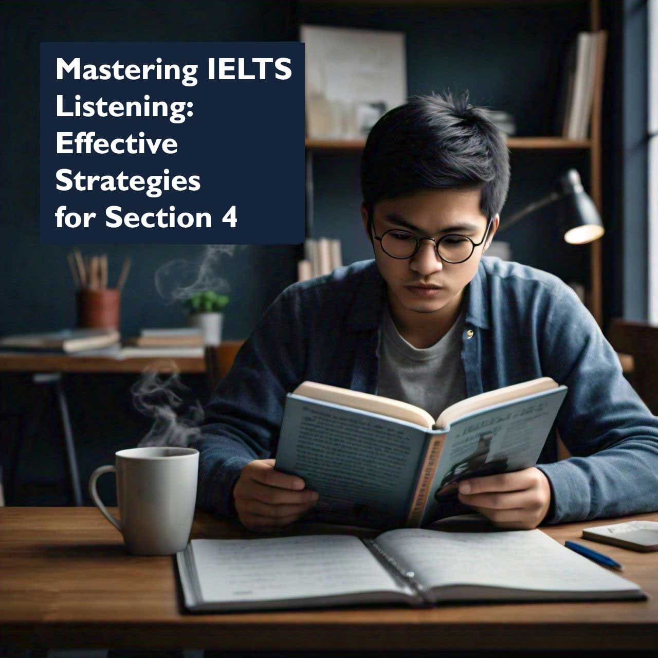 Student studying for IELTS listening section with a book titled ‘Mastering IELTS Listening: Effective Strategies for Section 4’ in a dimly lit room, with a steaming cup of coffee on the table.