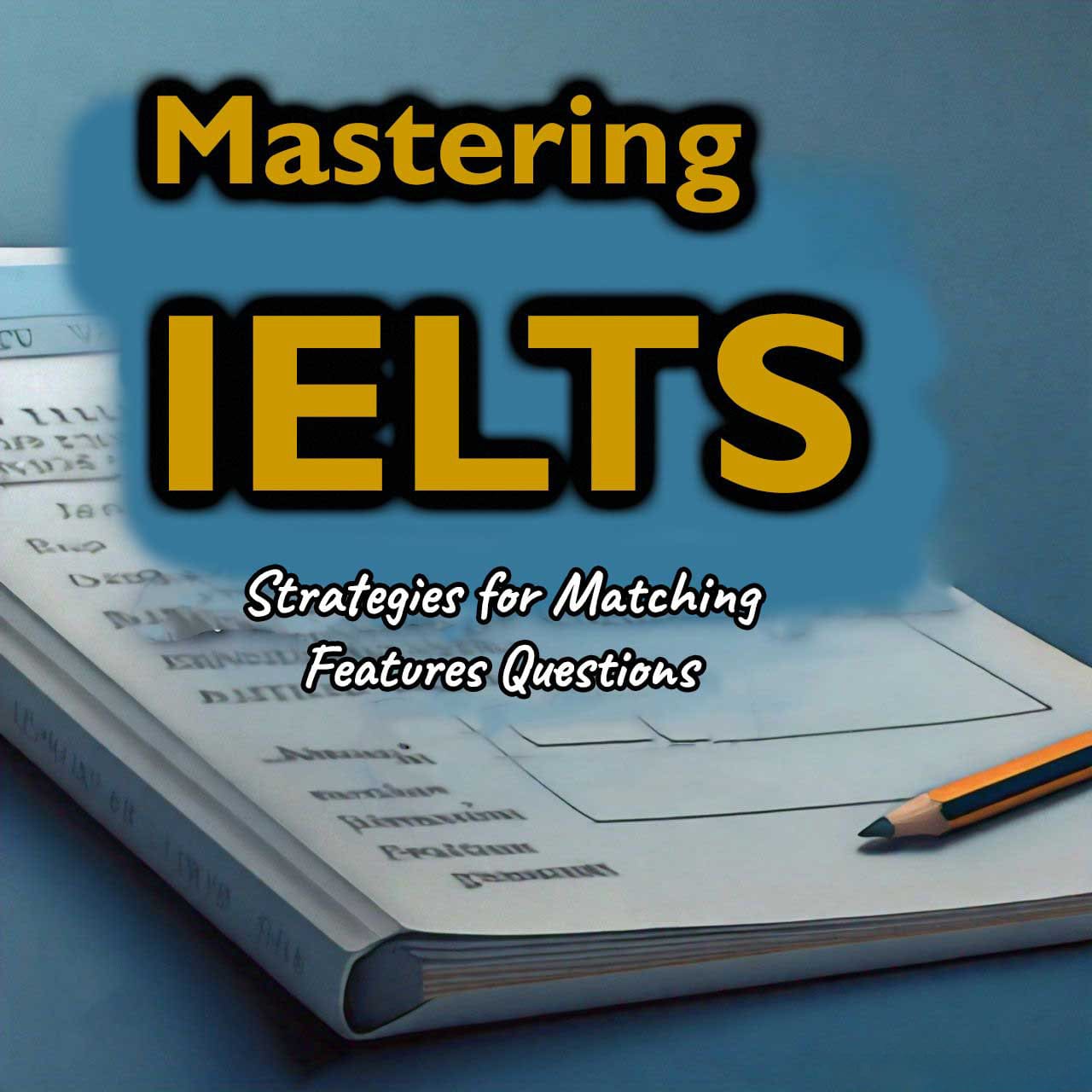 Mastering IELTS, Strategies for Matching Features Questions book with a pencil on a desk, representing study materials for IELTS exam preparation.