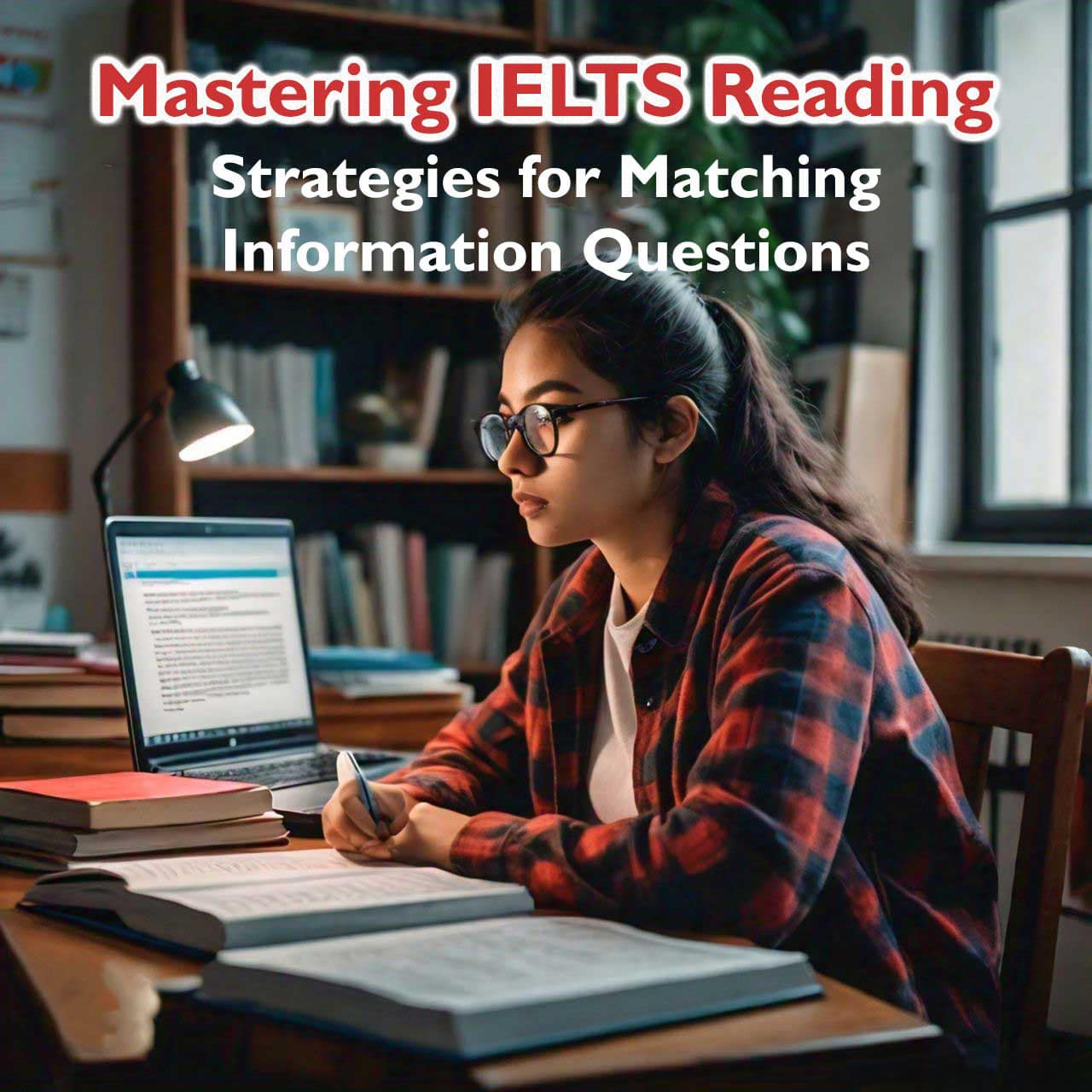 Student studying for IELTS with books and laptop, focusing on reading strategies for matching information questions.