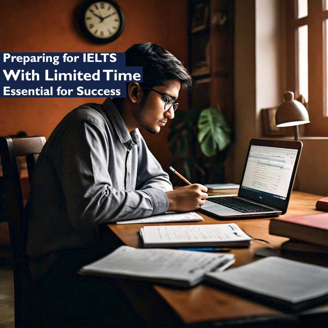 Man studying for IELTS at a home office with laptop and notes, highlighting the importance of time management for exam success.