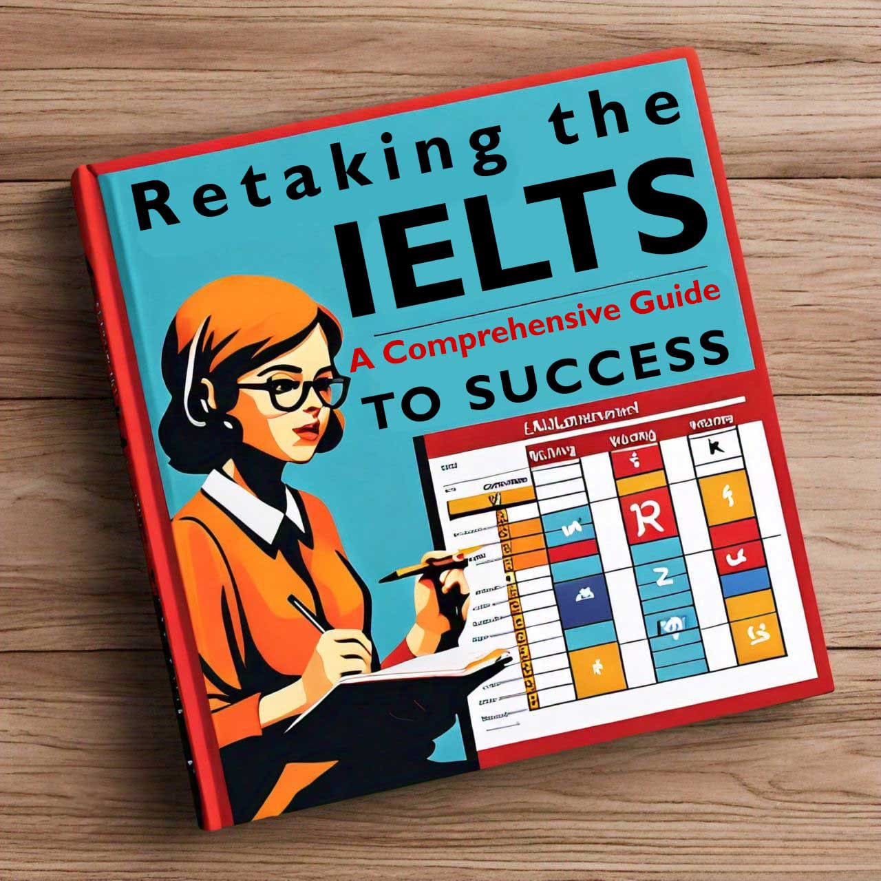 IELTS preparation book titled ‘Retaking the IELTS - A Comprehensive Guide to Success’ on wooden surface.