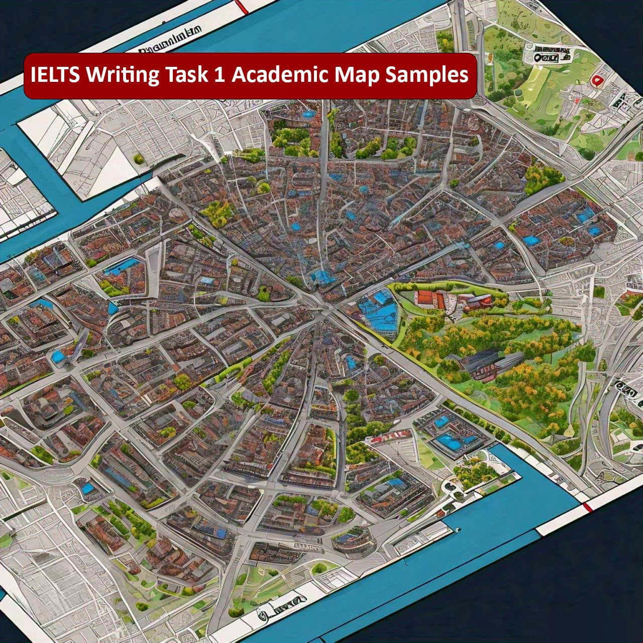 IELTS Writing Task 1 Academic Map Samples featuring a detailed aerial view of an urban layout with labeled streets and buildings, useful for IELTS test preparation and study resources.