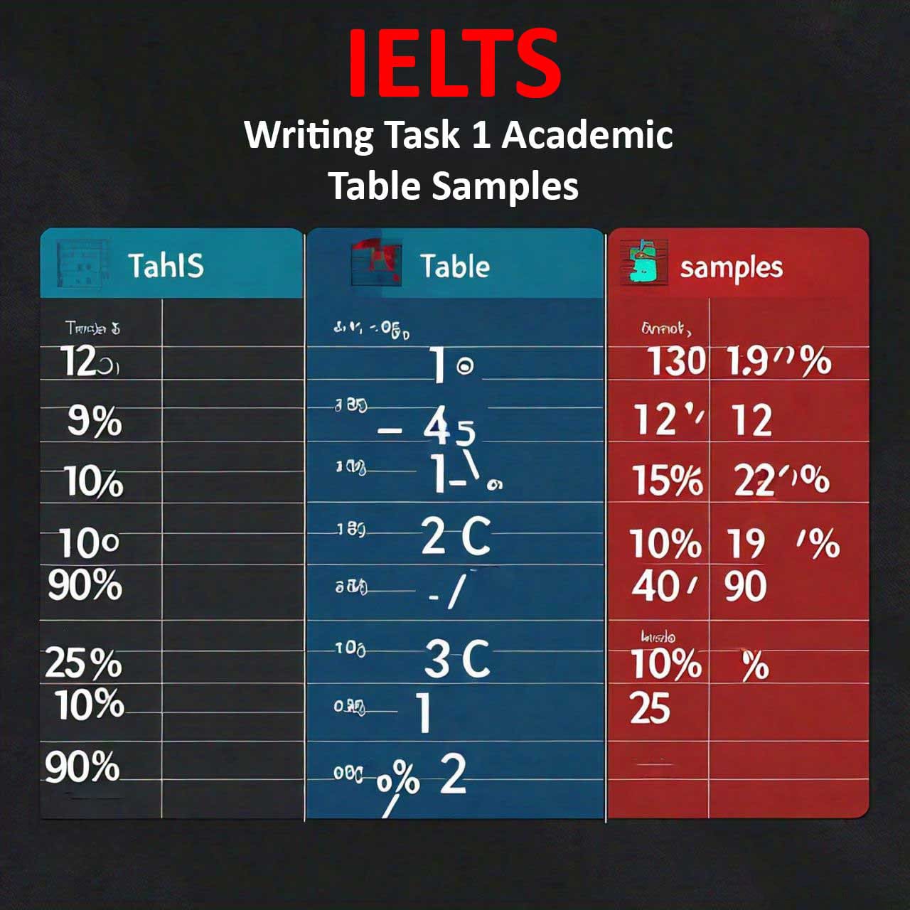 IELTS Task 1 Academic Table Samples on a dark background, featuring pie charts and tables with percentages ranging from 10% to 90%, illustrating various data comparison methods for test preparation.