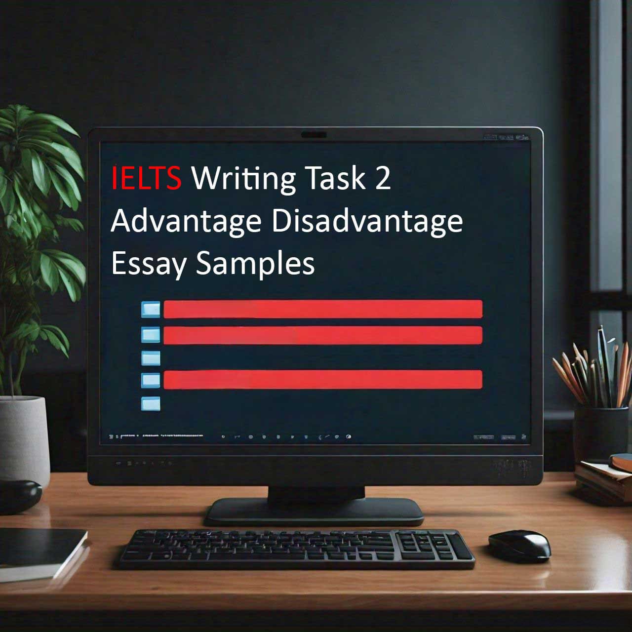 An organized study desk with an open laptop displaying ‘IELTS Writing Task 2 Problem Solution Essay Samples’ on the screen, surrounded by books and a notebook. The image represents IELTS exam preparation.