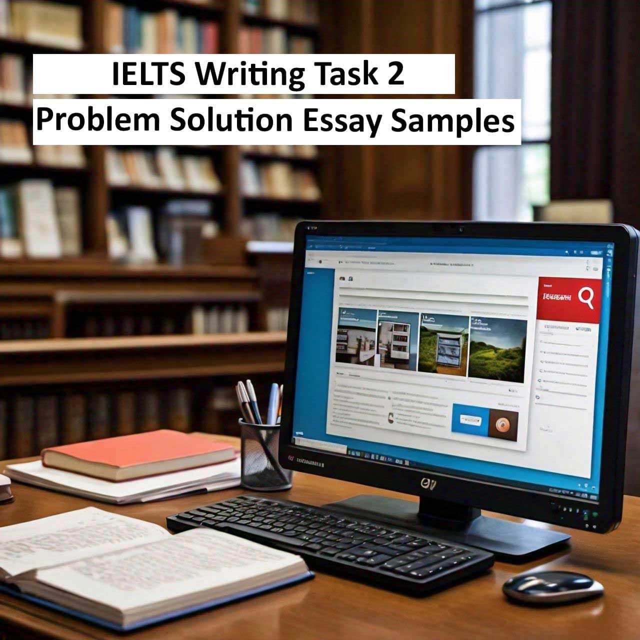 An organized study desk with an open laptop displaying ‘IELTS Writing Task 2 Problem Solution Essay Samples’ on the screen, surrounded by books and a notebook. The image represents IELTS exam preparation.