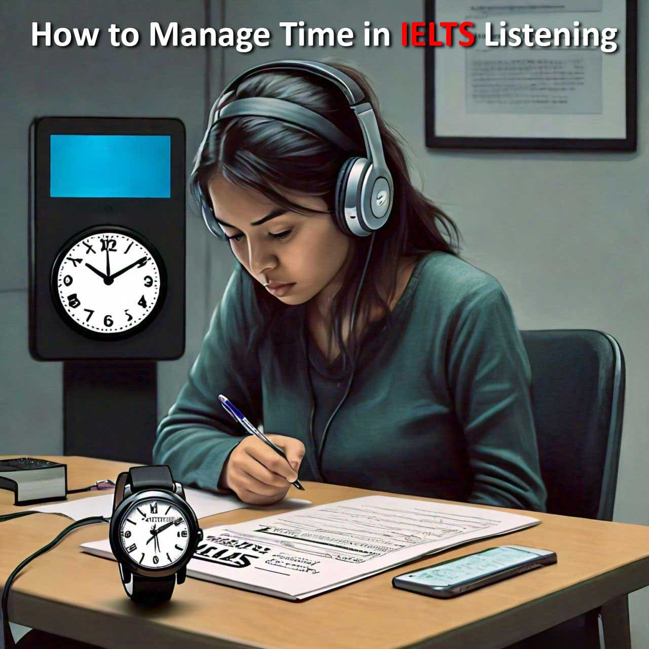 Person taking IELTS listening test with headphones, clock, and wristwatch for time management.