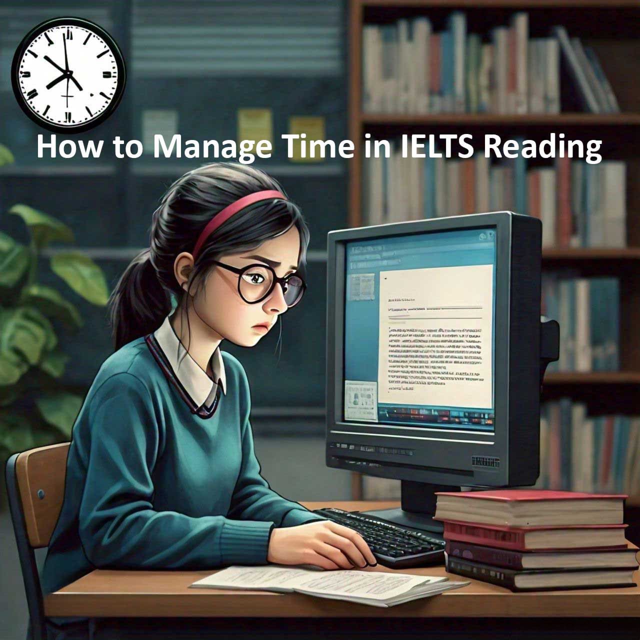 Student studying for IELTS reading section with time management tips on computer screen, surrounded by books.