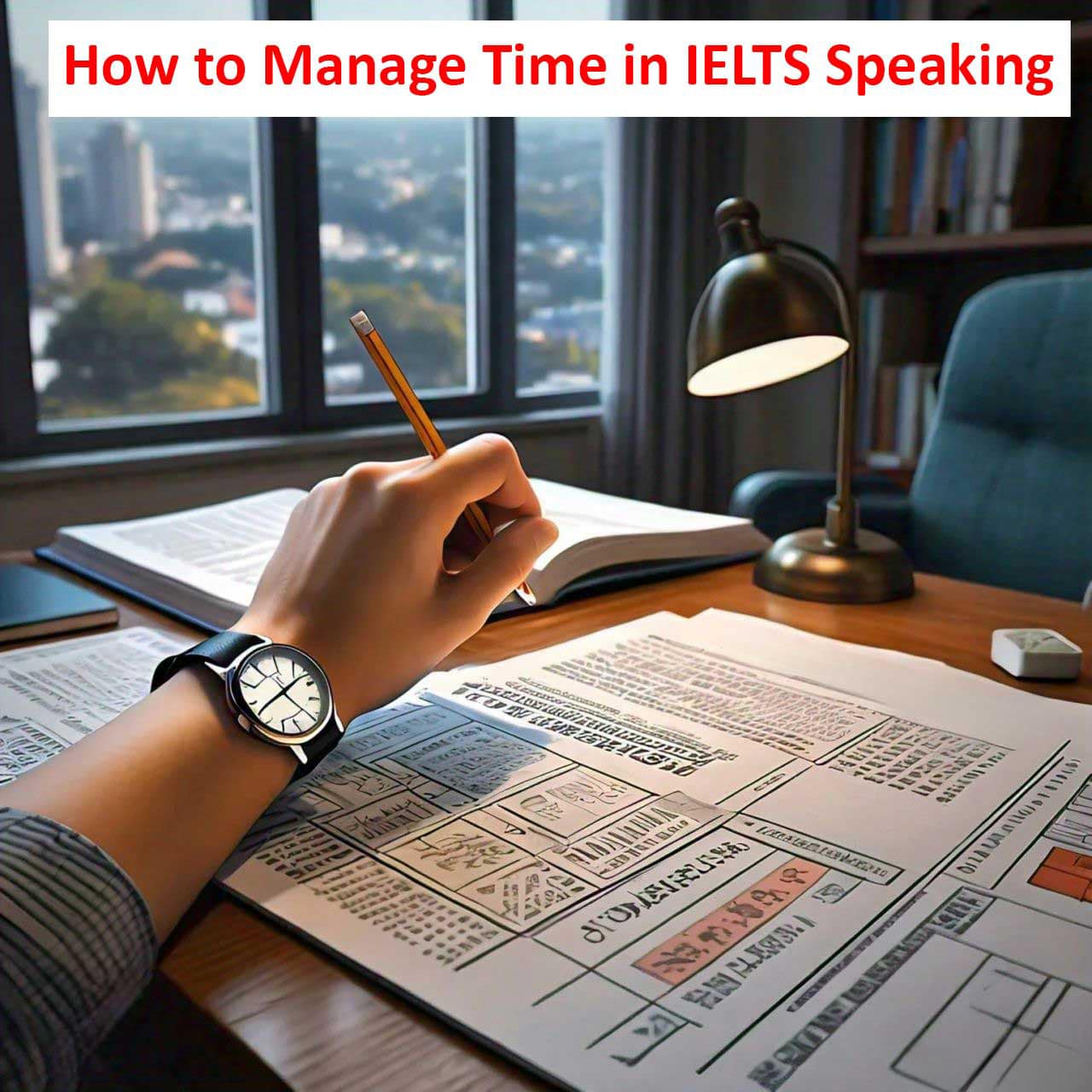 Person planning IELTS speaking time management with a schedule and pencil, under desk lamp light.